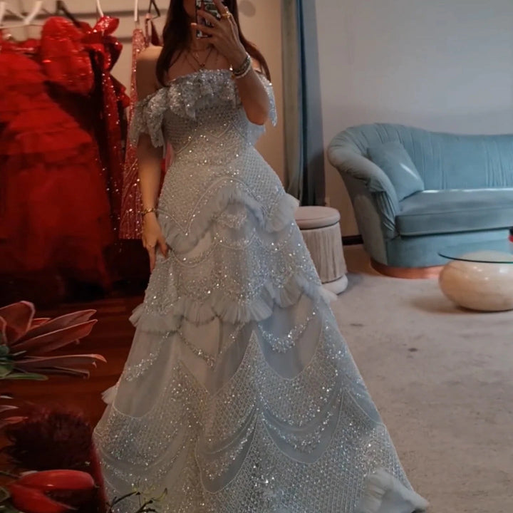 Luxury Silver Gray Off Shoulder Dubai Evening Dress SS485