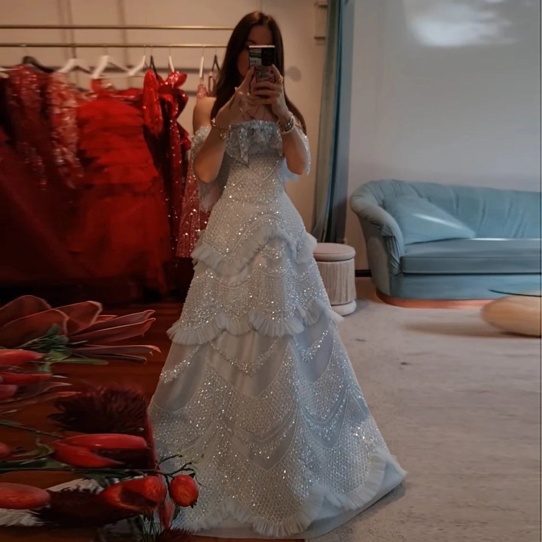 Luxury Silver Gray Off Shoulder Dubai Evening Dress SS485