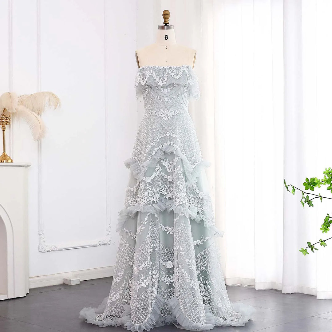 Luxury Silver Gray Off Shoulder Dubai Evening Dress SS485