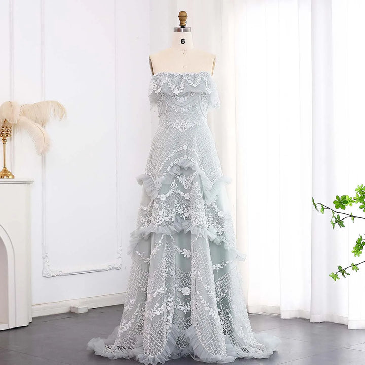 Luxury Silver Gray Off Shoulder Dubai Evening Dress SS485