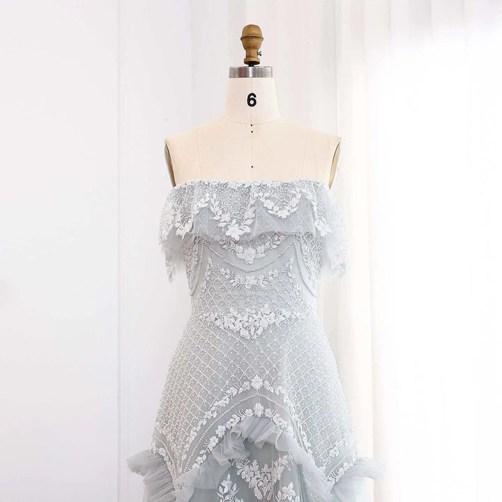 Luxury Silver Gray Off Shoulder Dubai Evening Dress SS485