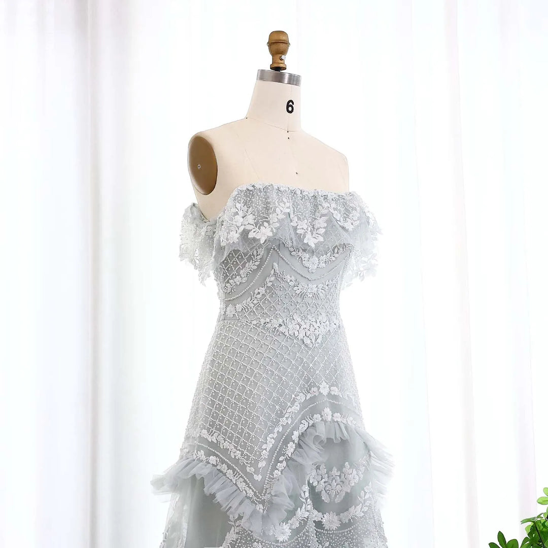 Luxury Silver Gray Off Shoulder Dubai Evening Dress SS485