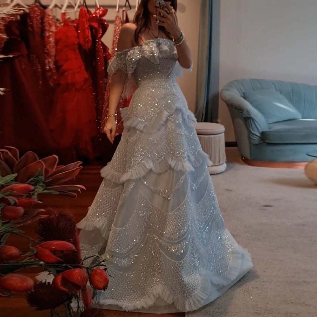 Luxury Silver Gray Off Shoulder Dubai Evening Dress SS485