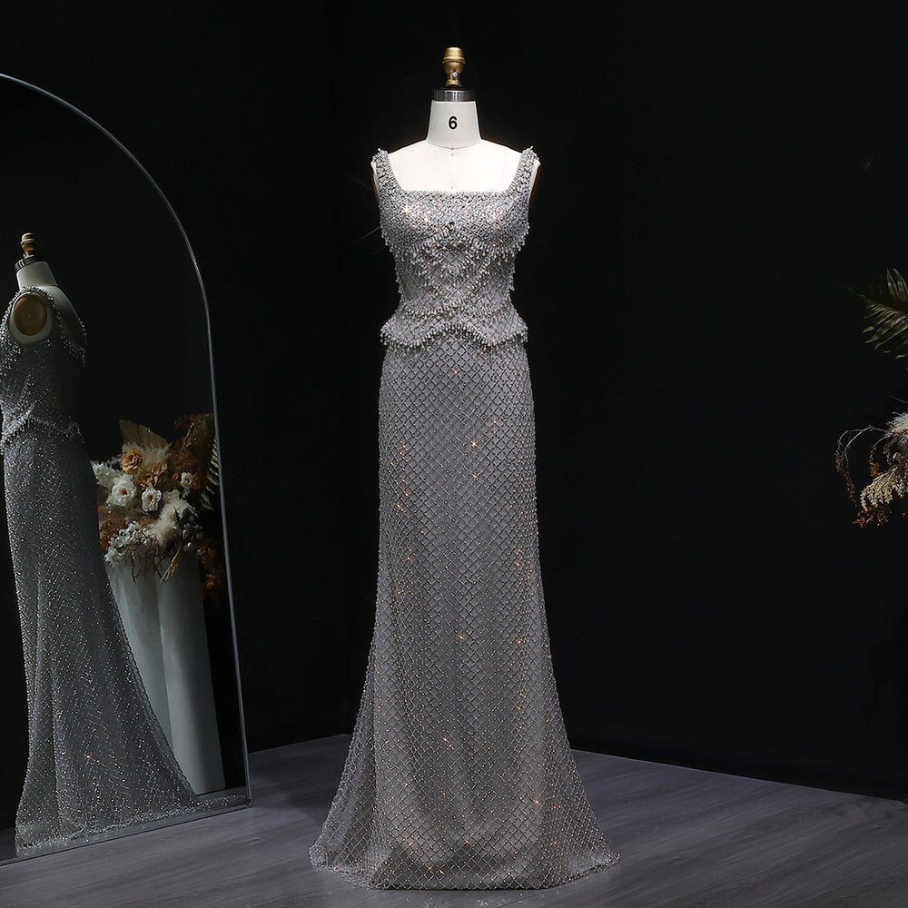 Luxury Silver Grey Evening Dress with Crystal Beading SS631