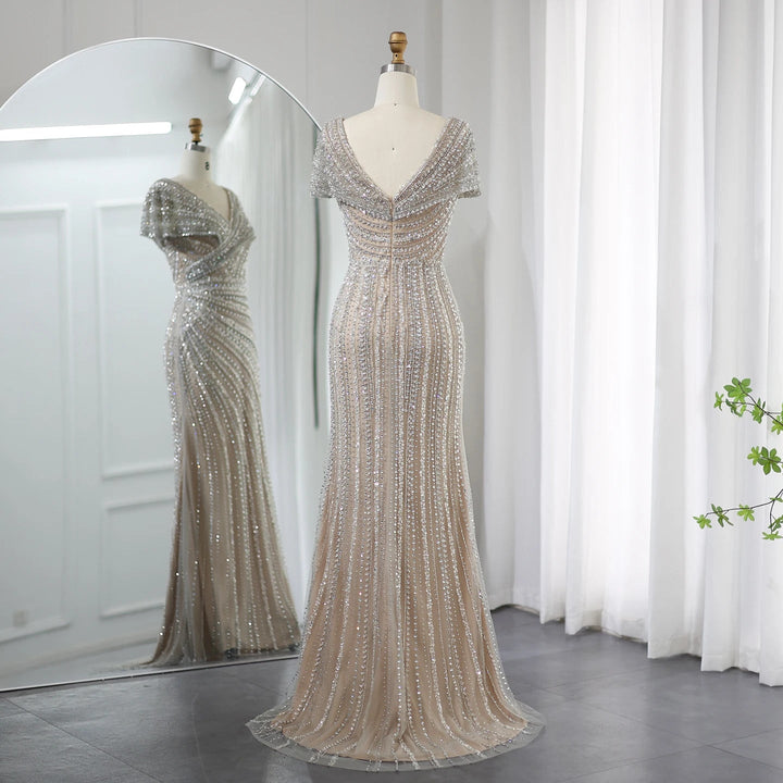 Luxury Silver Nude Mermaid Evening Dresses for Party SS045
