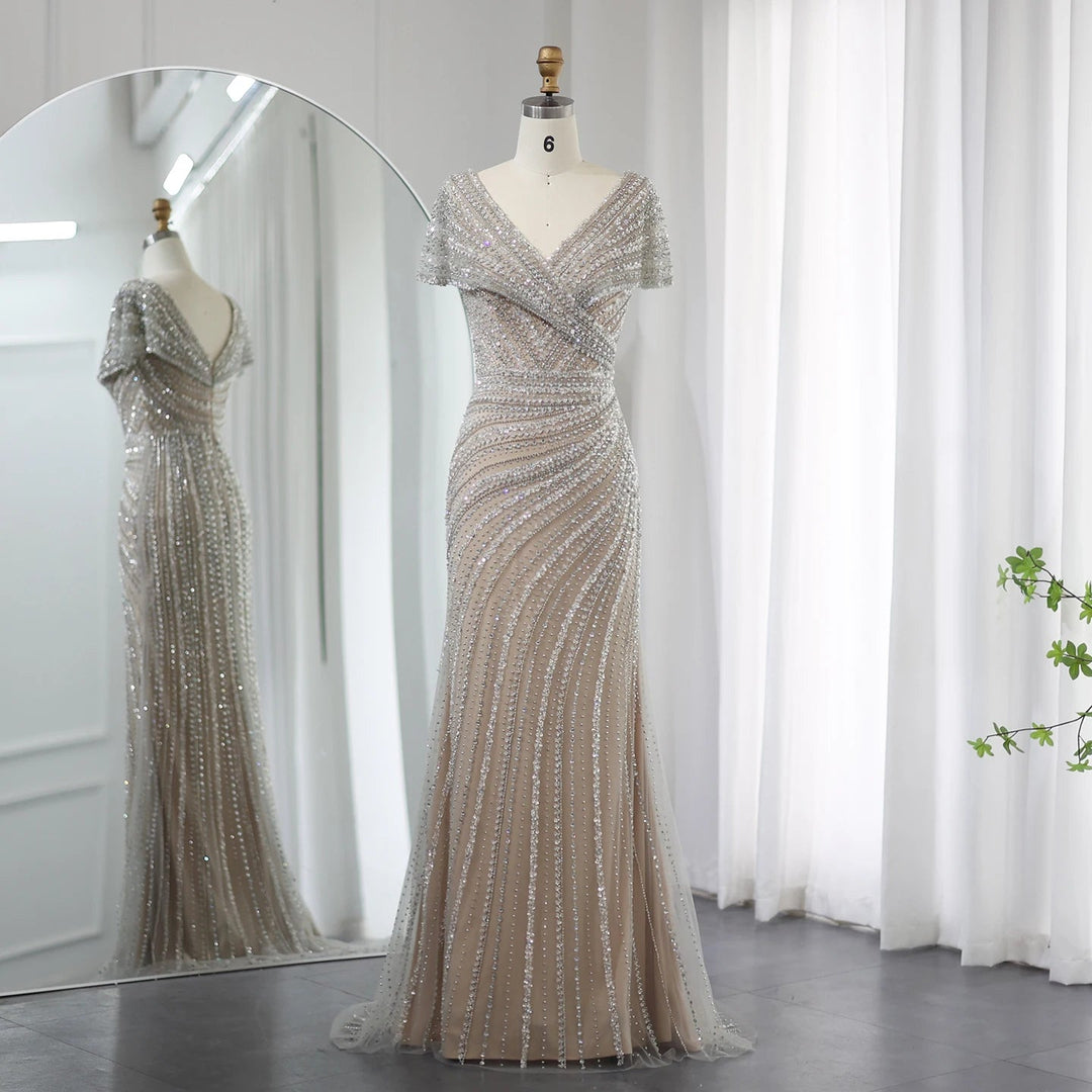 Luxury Silver Nude Mermaid Evening Dresses for Party SS045