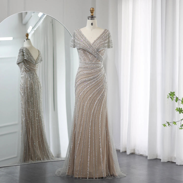 Luxury Silver Nude Mermaid Evening Dresses for Party SS045