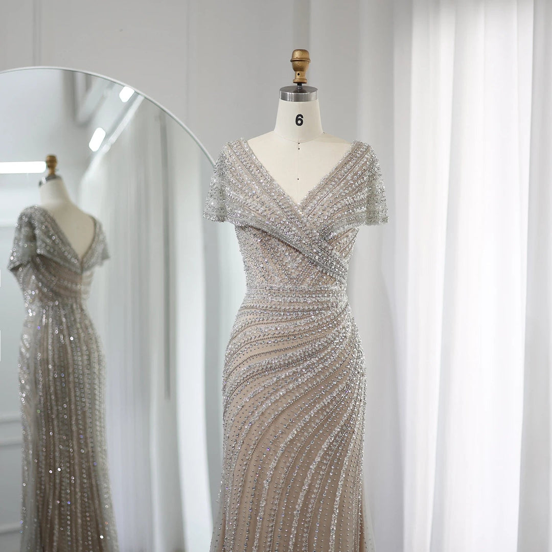 Luxury Silver Nude Mermaid Evening Dresses for Party SS045