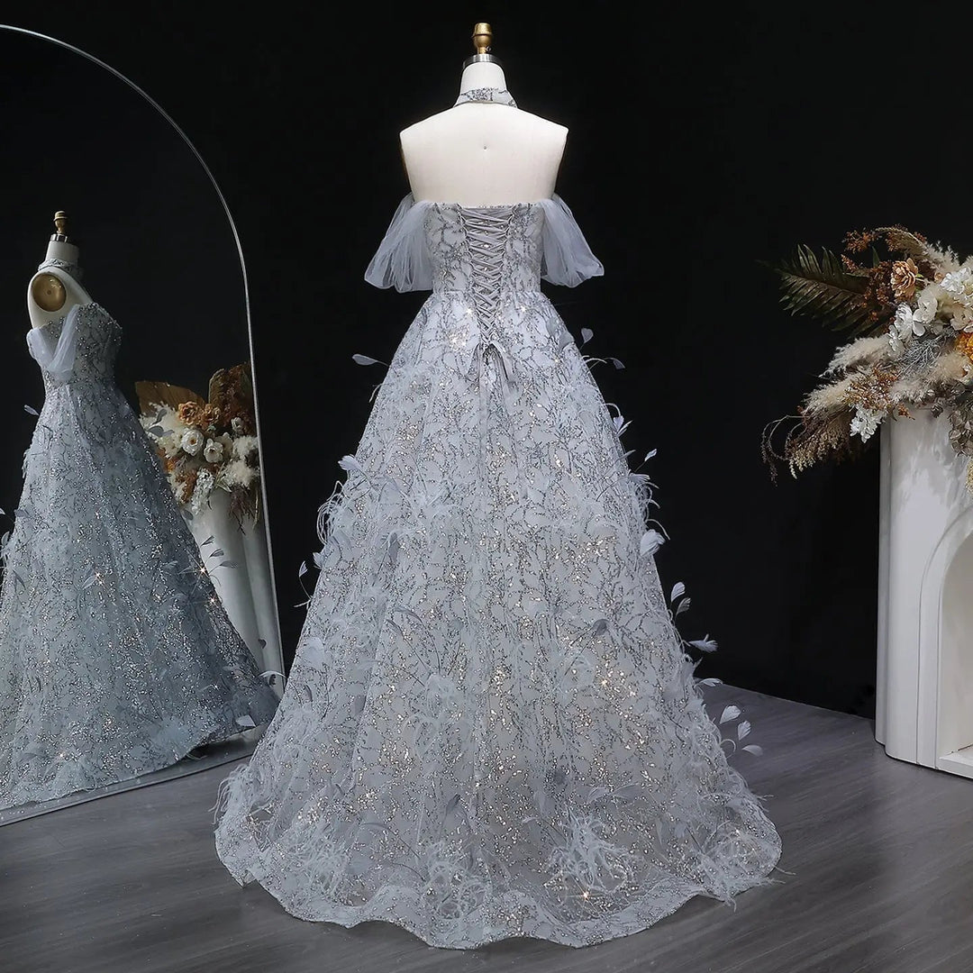 Luxury Silver Sequin Feather Off Shoulder Prom Dress with Choker SS738 Luxury Silver Sequin Feather Off Shoulder Prom Dress with Choker SS738