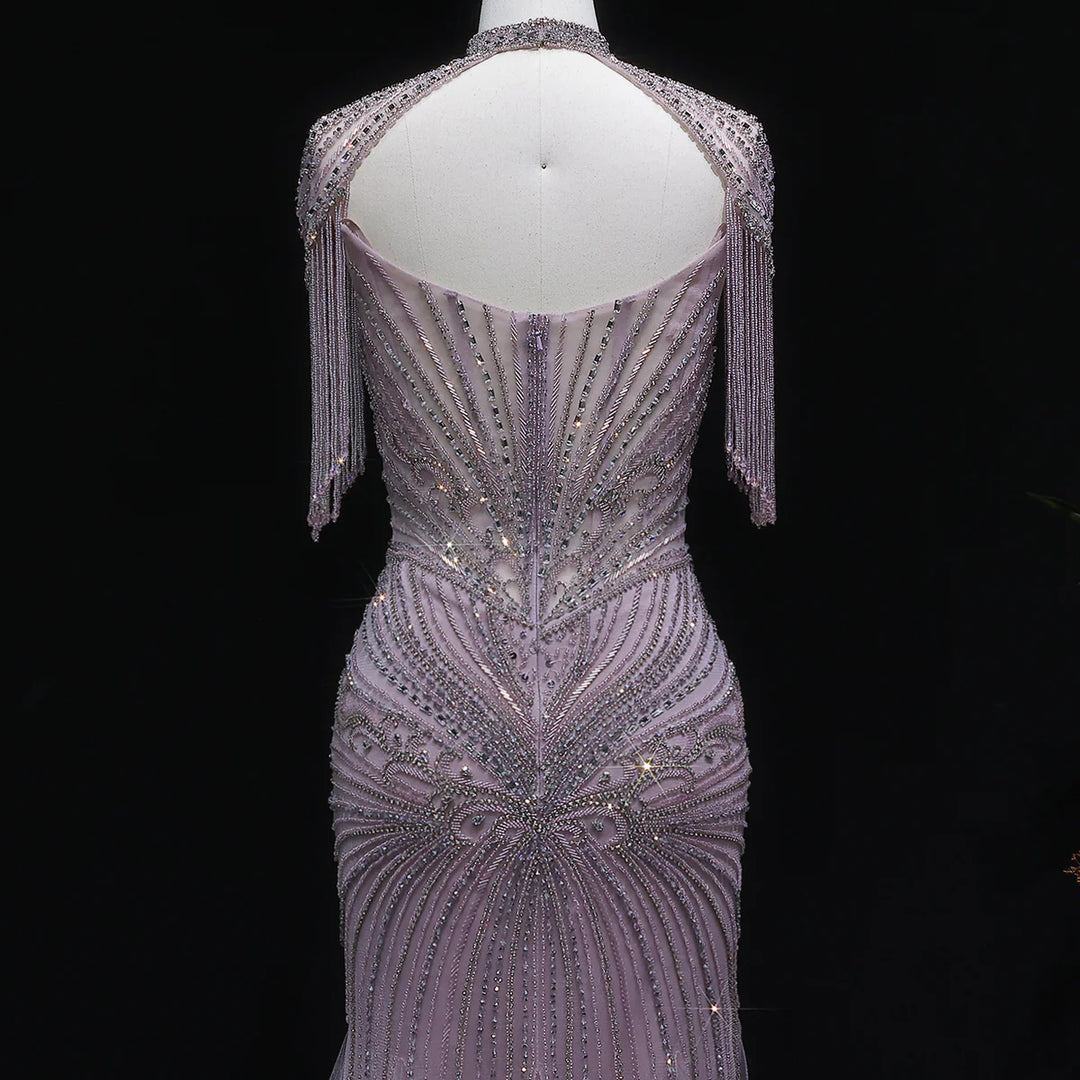 Luxury Sparkling Crystal Tassel Shoulder Evening Gown SS021-DreamyVow