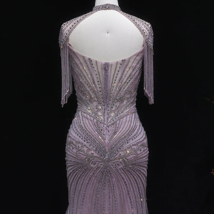Luxury Sparkling Crystal Tassel Shoulder Evening Gown SS021-DreamyVow