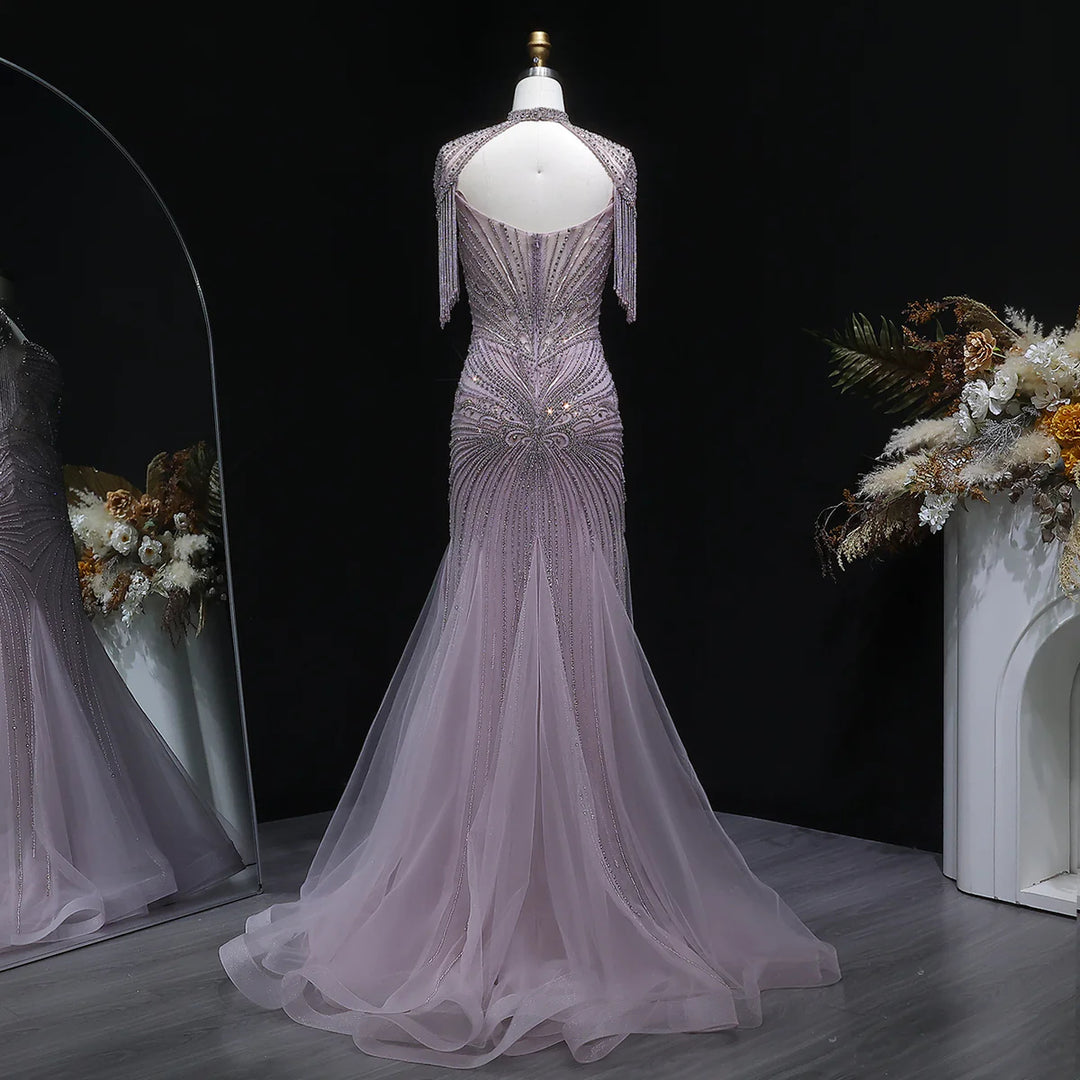 Luxury Sparkling Crystal Tassel Shoulder Evening Gown SS021-DreamyVow
