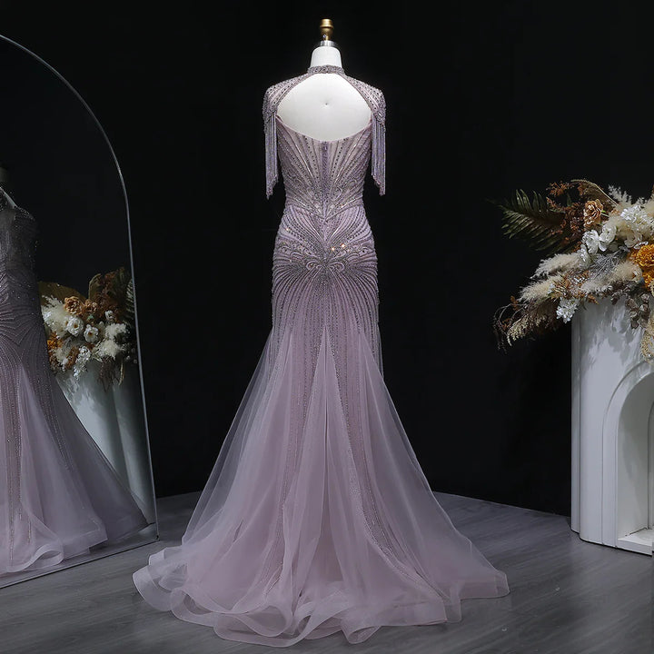 Luxury Sparkling Crystal Tassel Shoulder Evening Gown SS021-DreamyVow