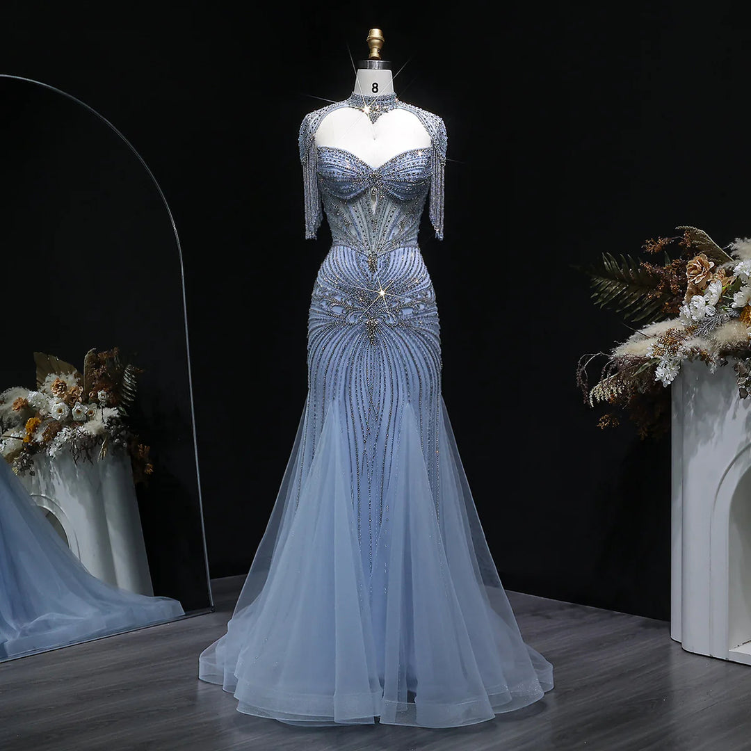 Luxury Sparkling Crystal Tassel Shoulder Evening Gown SS021-DreamyVow