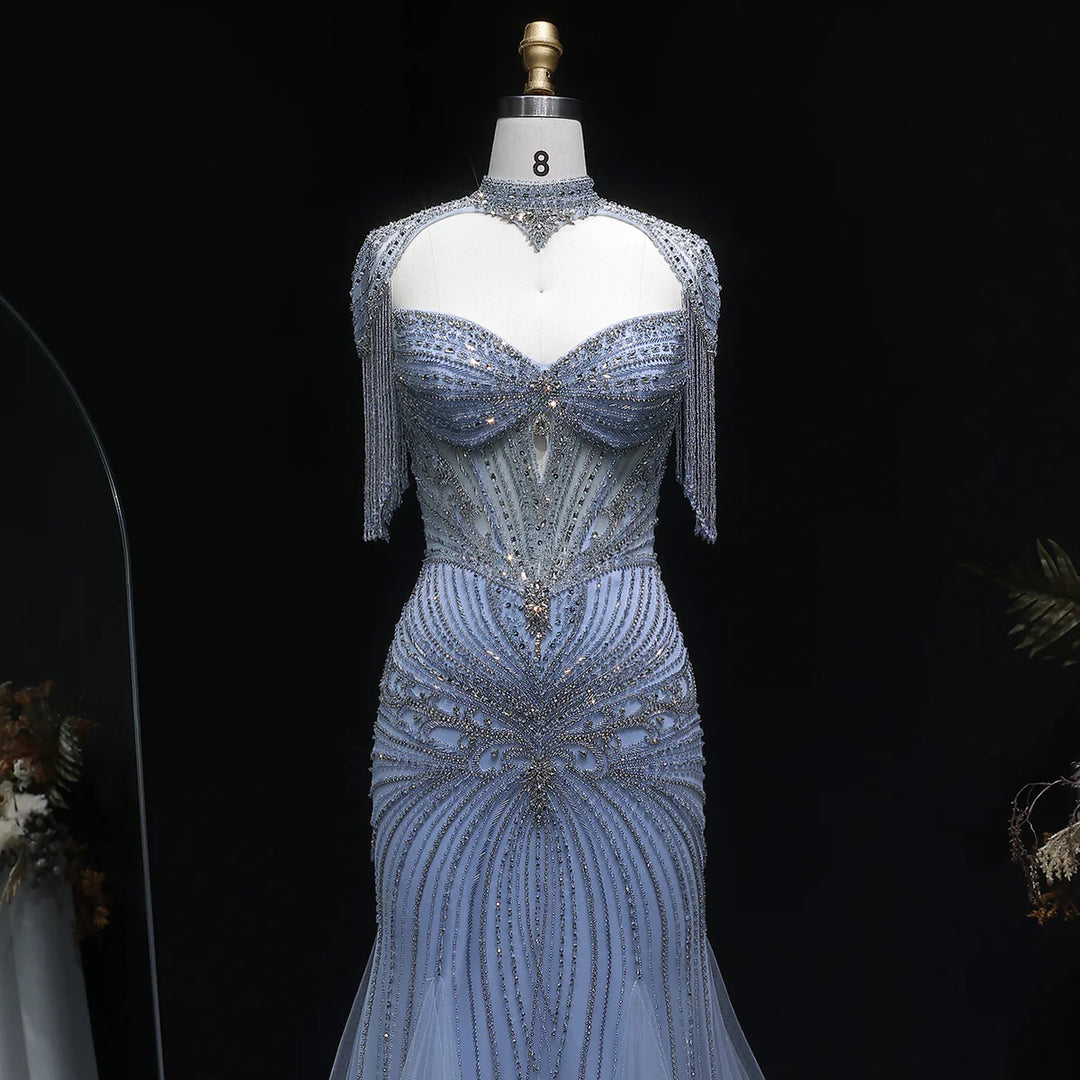 Luxury Sparkling Crystal Tassel Shoulder Evening Gown SS021-DreamyVow