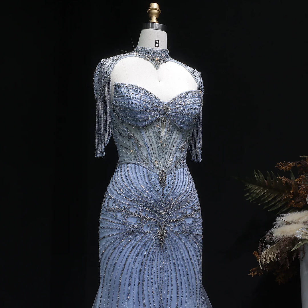 Luxury Sparkling Crystal Tassel Shoulder Evening Gown SS021-DreamyVow