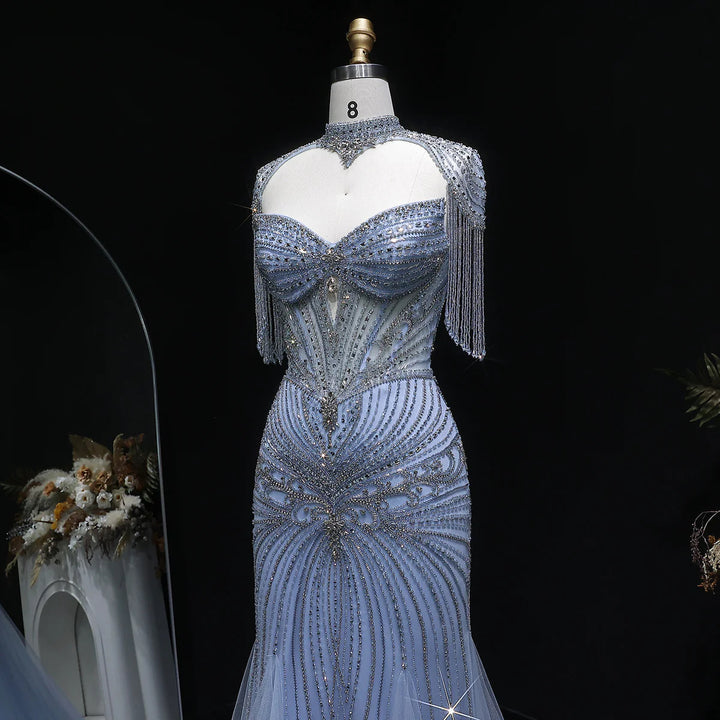 Luxury Sparkling Crystal Tassel Shoulder Evening Gown SS021-DreamyVow