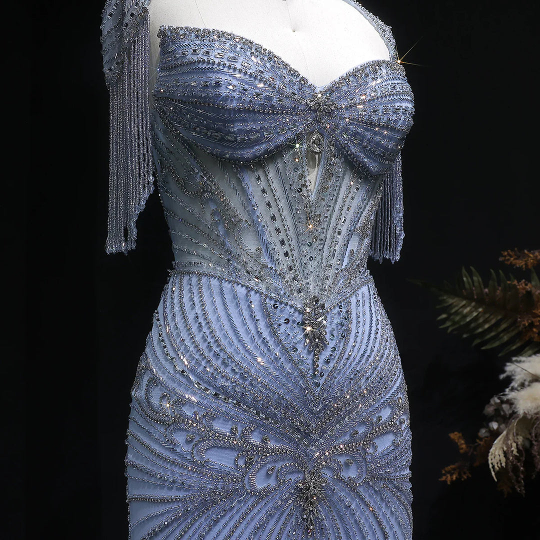 Luxury Sparkling Crystal Tassel Shoulder Evening Gown SS021-DreamyVow