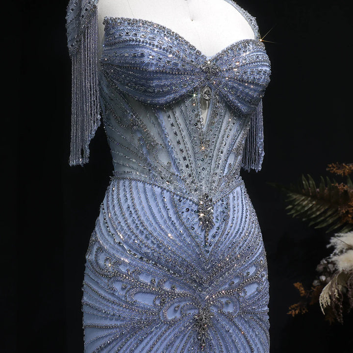 Luxury Sparkling Crystal Tassel Shoulder Evening Gown SS021-DreamyVow