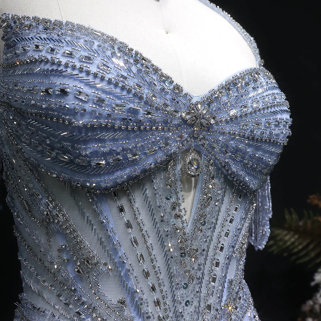 Luxury Sparkling Crystal Tassel Shoulder Evening Gown SS021-DreamyVow