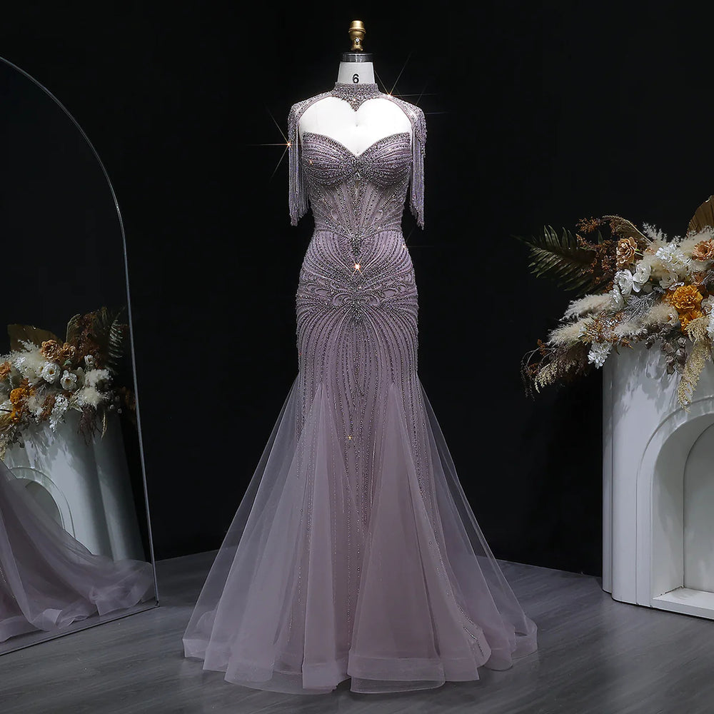 Luxury Sparkling Crystal Tassel Shoulder Evening Gown SS021-DreamyVow