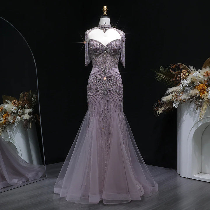 Luxury Sparkling Crystal Tassel Shoulder Evening Gown SS021-DreamyVow