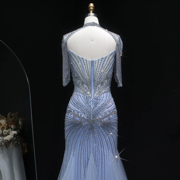 Luxury Sparkling Crystal Tassel Shoulder Evening Gown SS021-DreamyVow