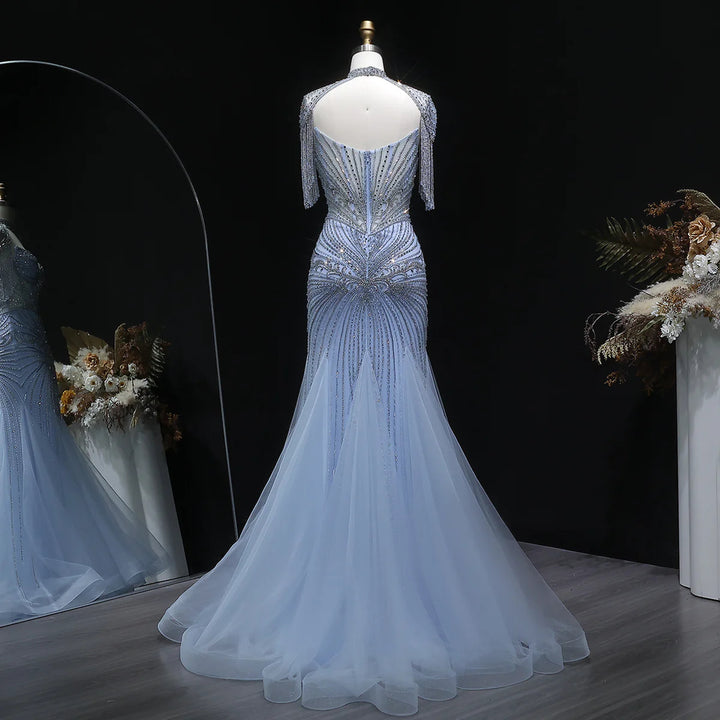 Luxury Sparkling Crystal Tassel Shoulder Evening Gown SS021-DreamyVow