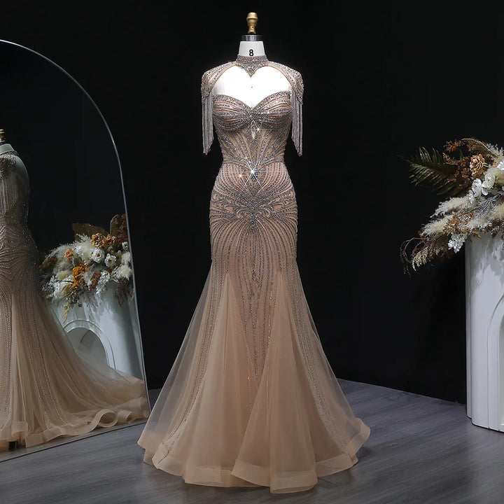 Luxury Sparkling Crystal Tassel Shoulder Evening Gown SS021-DreamyVow