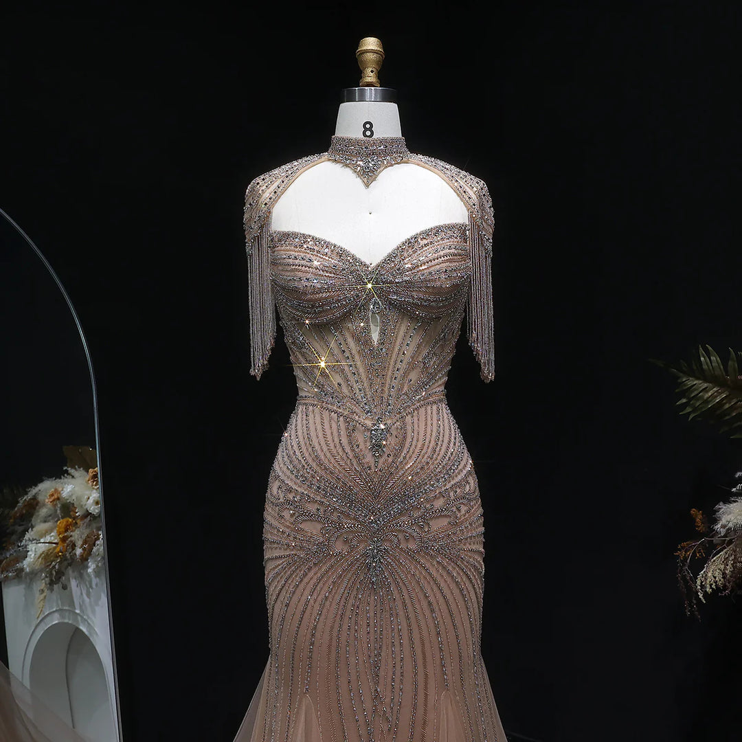 Luxury Sparkling Crystal Tassel Shoulder Evening Gown SS021-DreamyVow