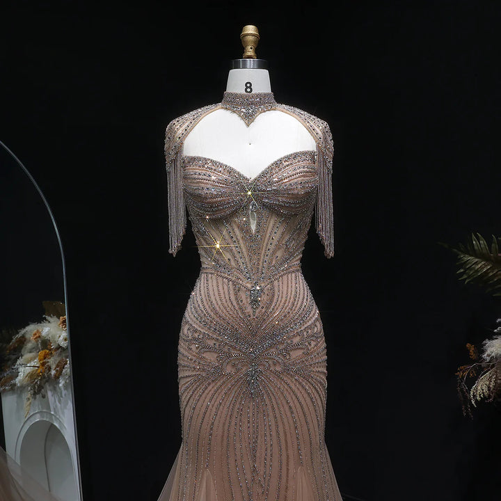 Luxury Sparkling Crystal Tassel Shoulder Evening Gown SS021-DreamyVow
