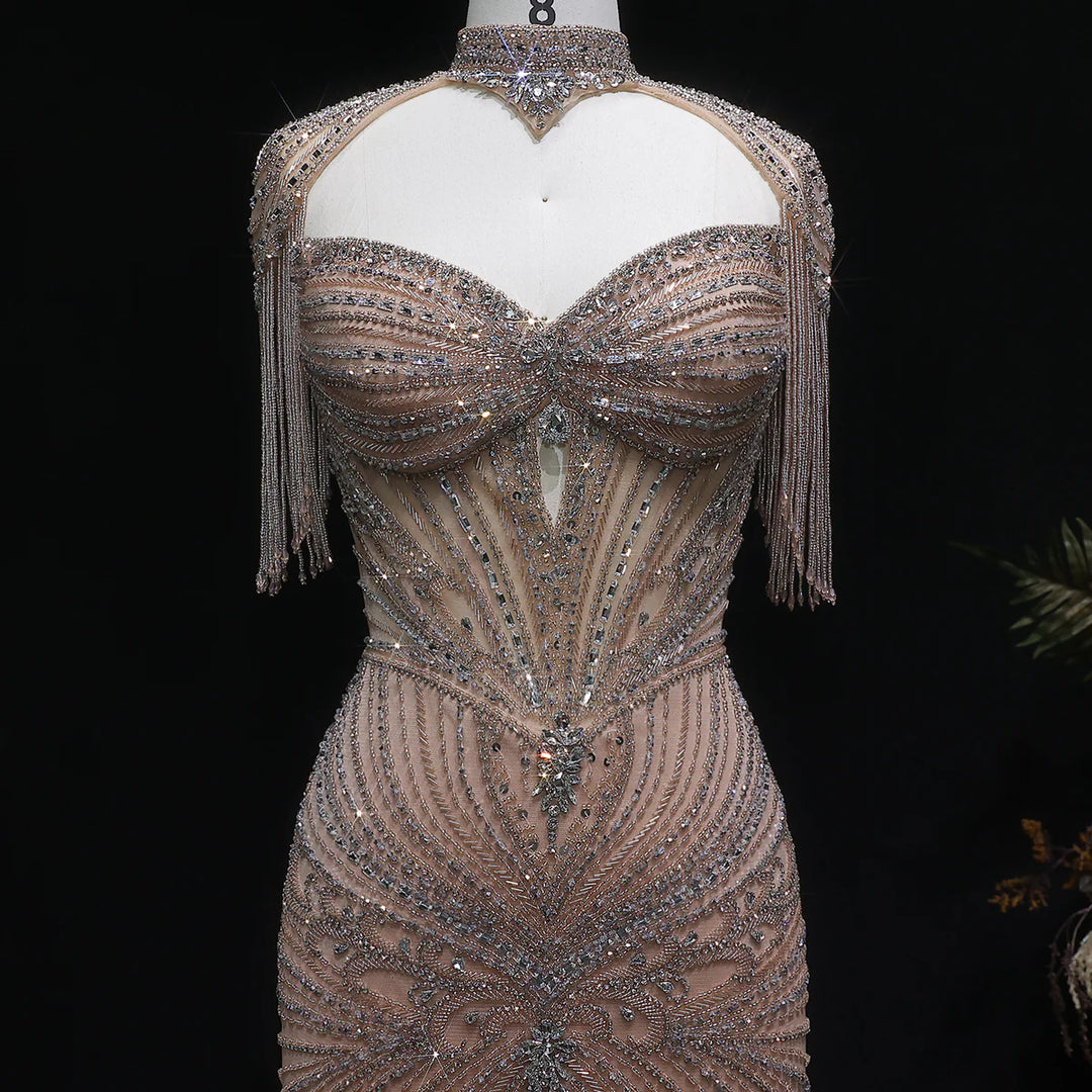 Luxury Sparkling Crystal Tassel Shoulder Evening Gown SS021-DreamyVow