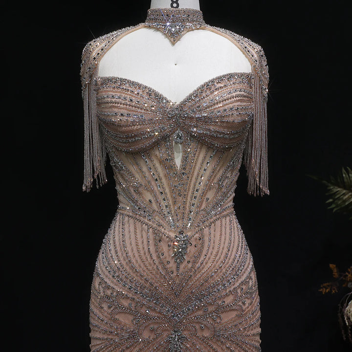 Luxury Sparkling Crystal Tassel Shoulder Evening Gown SS021-DreamyVow