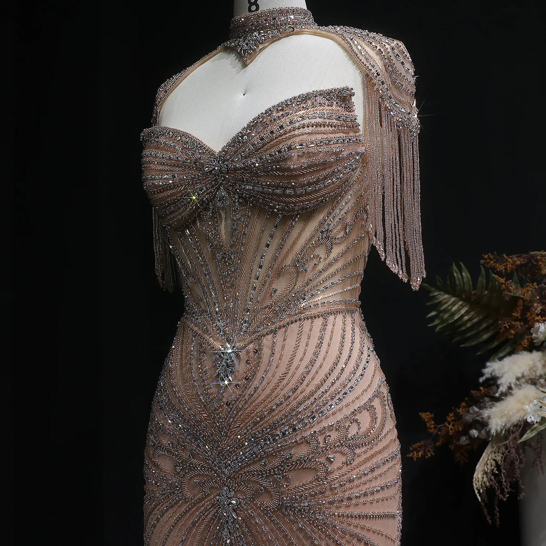 Luxury Sparkling Crystal Tassel Shoulder Evening Gown SS021-DreamyVow