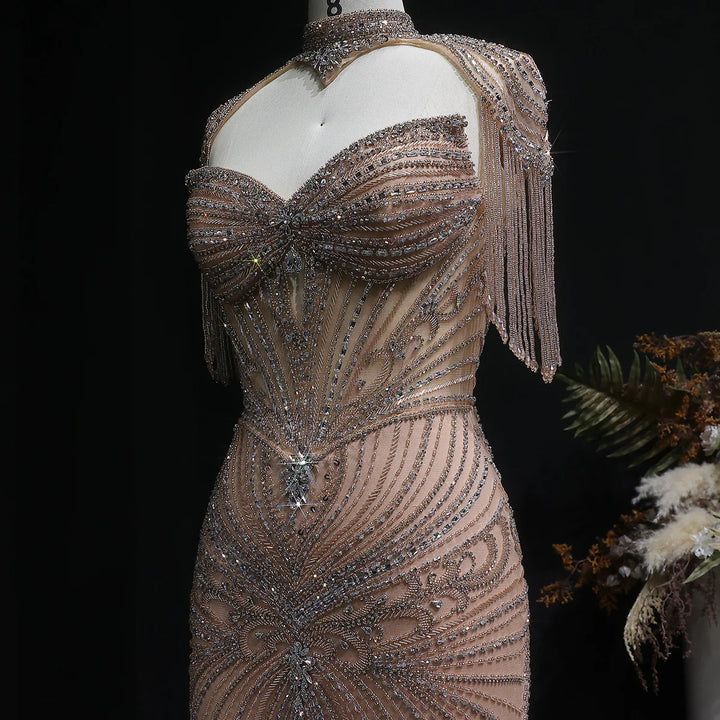 Luxury Sparkling Crystal Tassel Shoulder Evening Gown SS021-DreamyVow