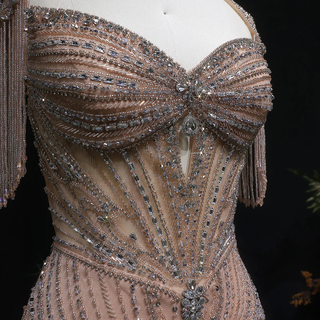 Luxury Sparkling Crystal Tassel Shoulder Evening Gown SS021-DreamyVow