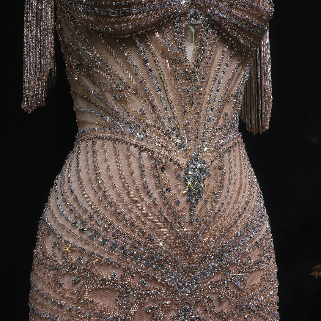 Luxury Sparkling Crystal Tassel Shoulder Evening Gown SS021-DreamyVow