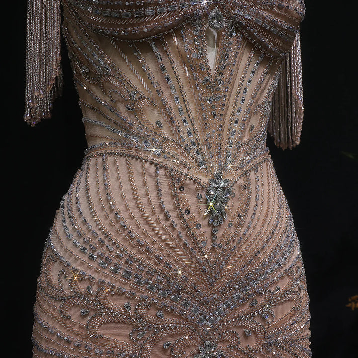 Luxury Sparkling Crystal Tassel Shoulder Evening Gown SS021-DreamyVow