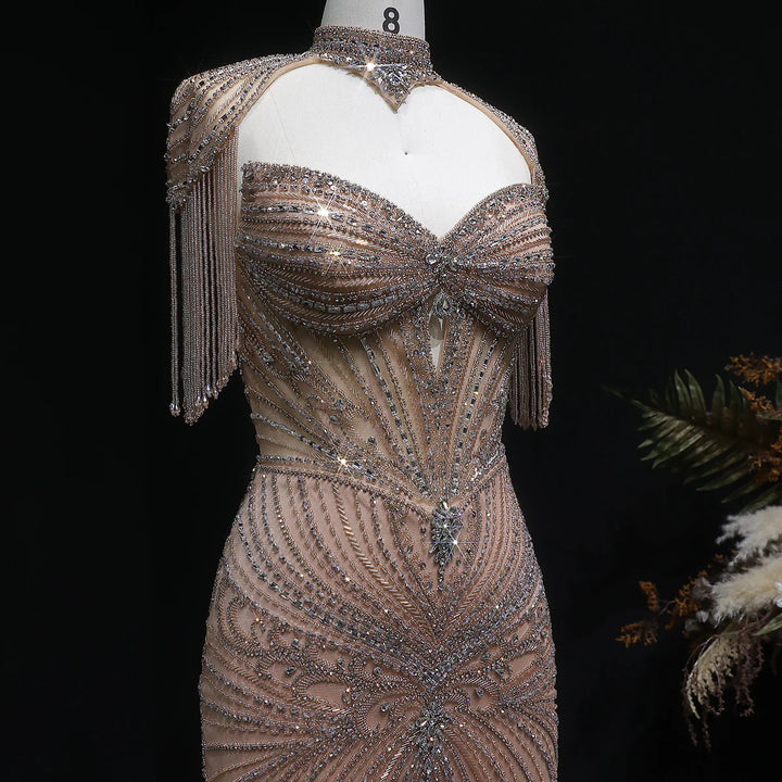 Luxury Sparkling Crystal Tassel Shoulder Evening Gown SS021-DreamyVow