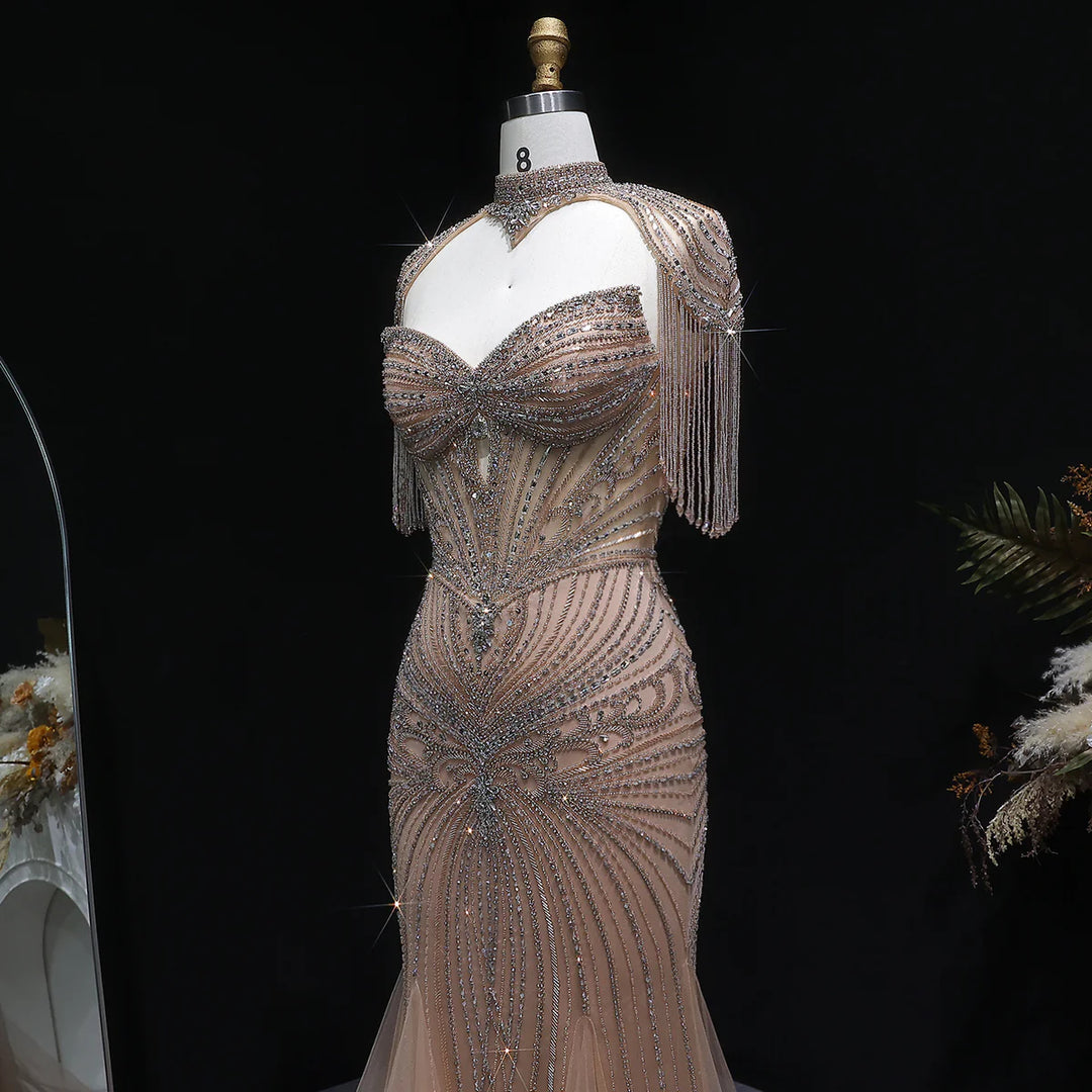 Luxury Sparkling Crystal Tassel Shoulder Evening Gown SS021-DreamyVow