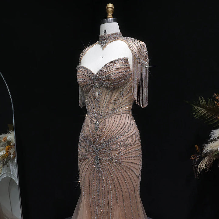 Luxury Sparkling Crystal Tassel Shoulder Evening Gown SS021-DreamyVow