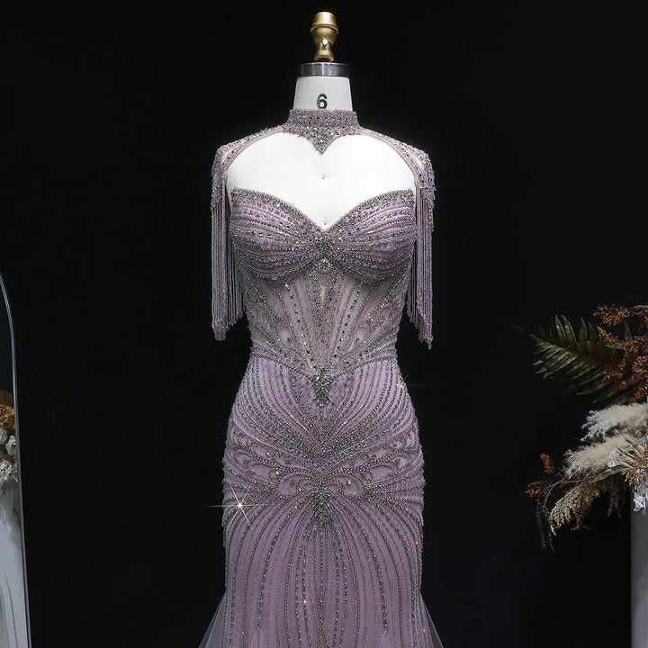 Luxury Sparkling Crystal Tassel Shoulder Evening Gown SS021-DreamyVow