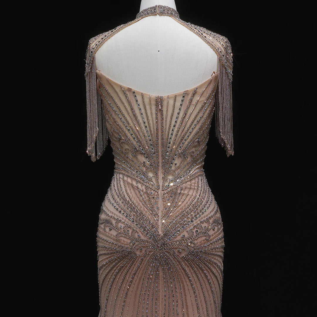 Luxury Sparkling Crystal Tassel Shoulder Evening Gown SS021-DreamyVow