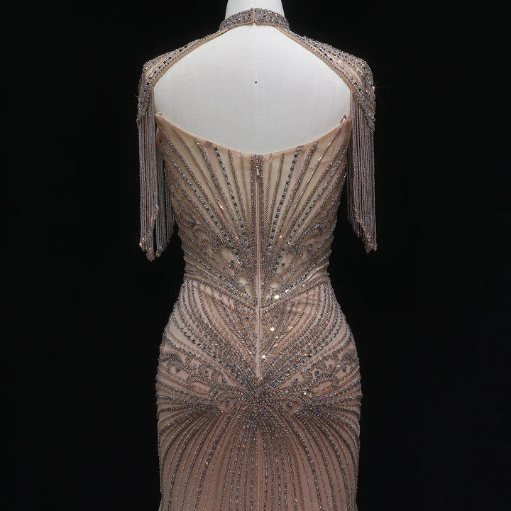 Luxury Sparkling Crystal Tassel Shoulder Evening Gown SS021-DreamyVow