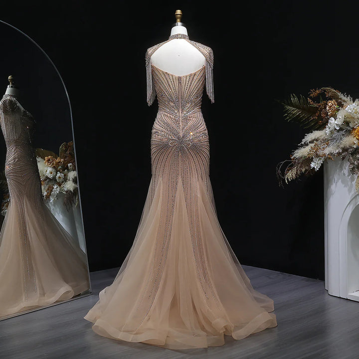 Luxury Sparkling Crystal Tassel Shoulder Evening Gown SS021-DreamyVow