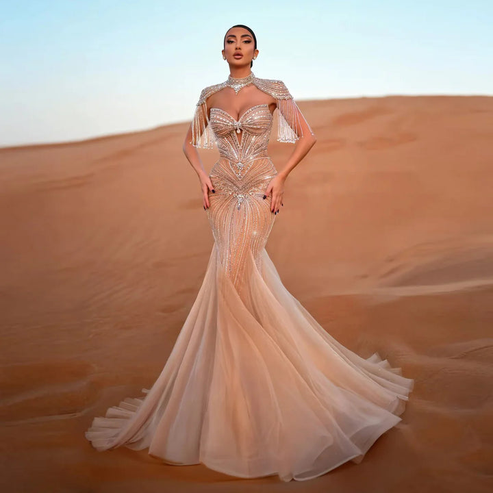 Luxury Sparkling Crystal Tassel Shoulder Evening Gown SS021-DreamyVow
