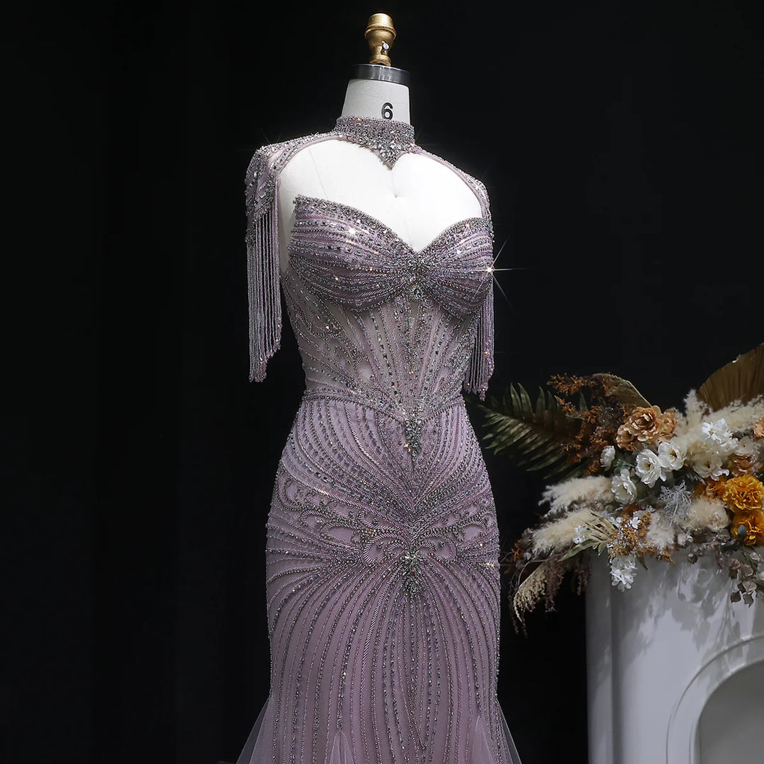 Luxury Sparkling Crystal Tassel Shoulder Evening Gown SS021-DreamyVow
