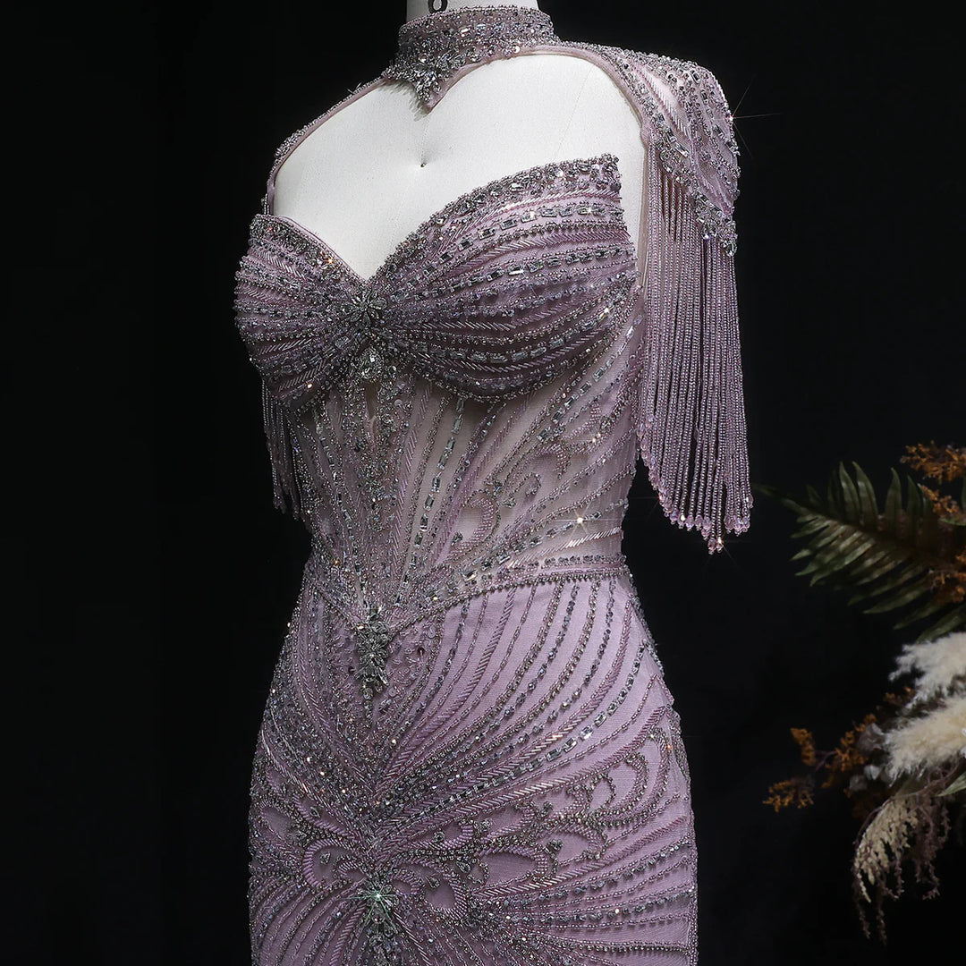 Luxury Sparkling Crystal Tassel Shoulder Evening Gown SS021-DreamyVow