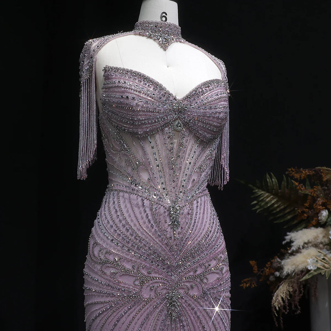 Luxury Sparkling Crystal Tassel Shoulder Evening Gown SS021-DreamyVow