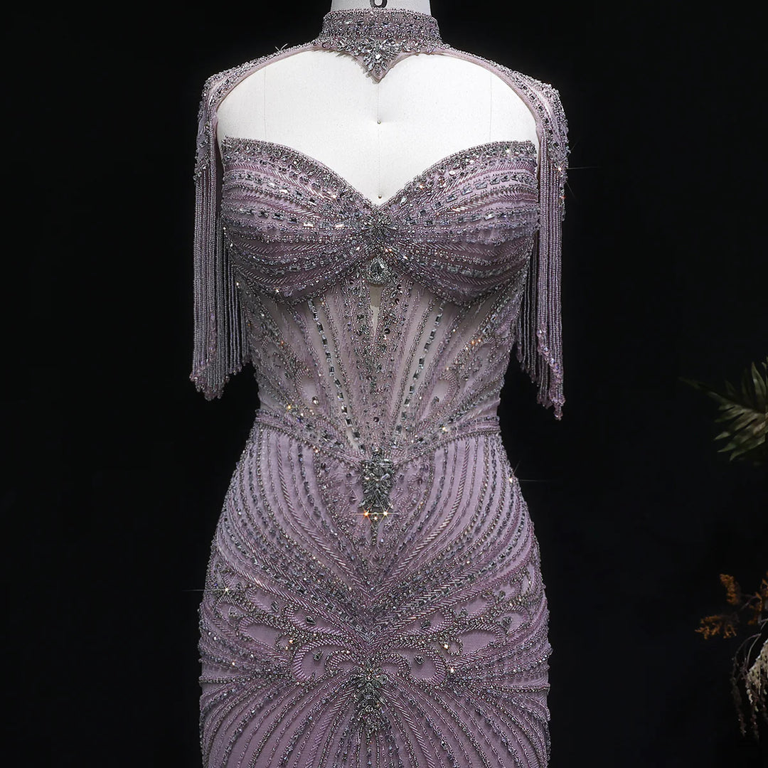 Luxury Sparkling Crystal Tassel Shoulder Evening Gown SS021-DreamyVow